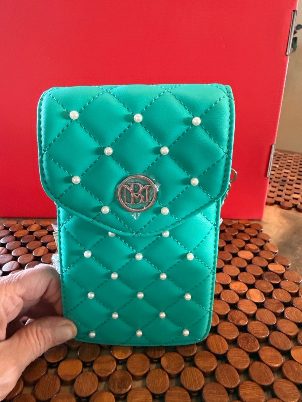 Quilted Pearl Accent Teal Phone Crossbody - Unknown Brand